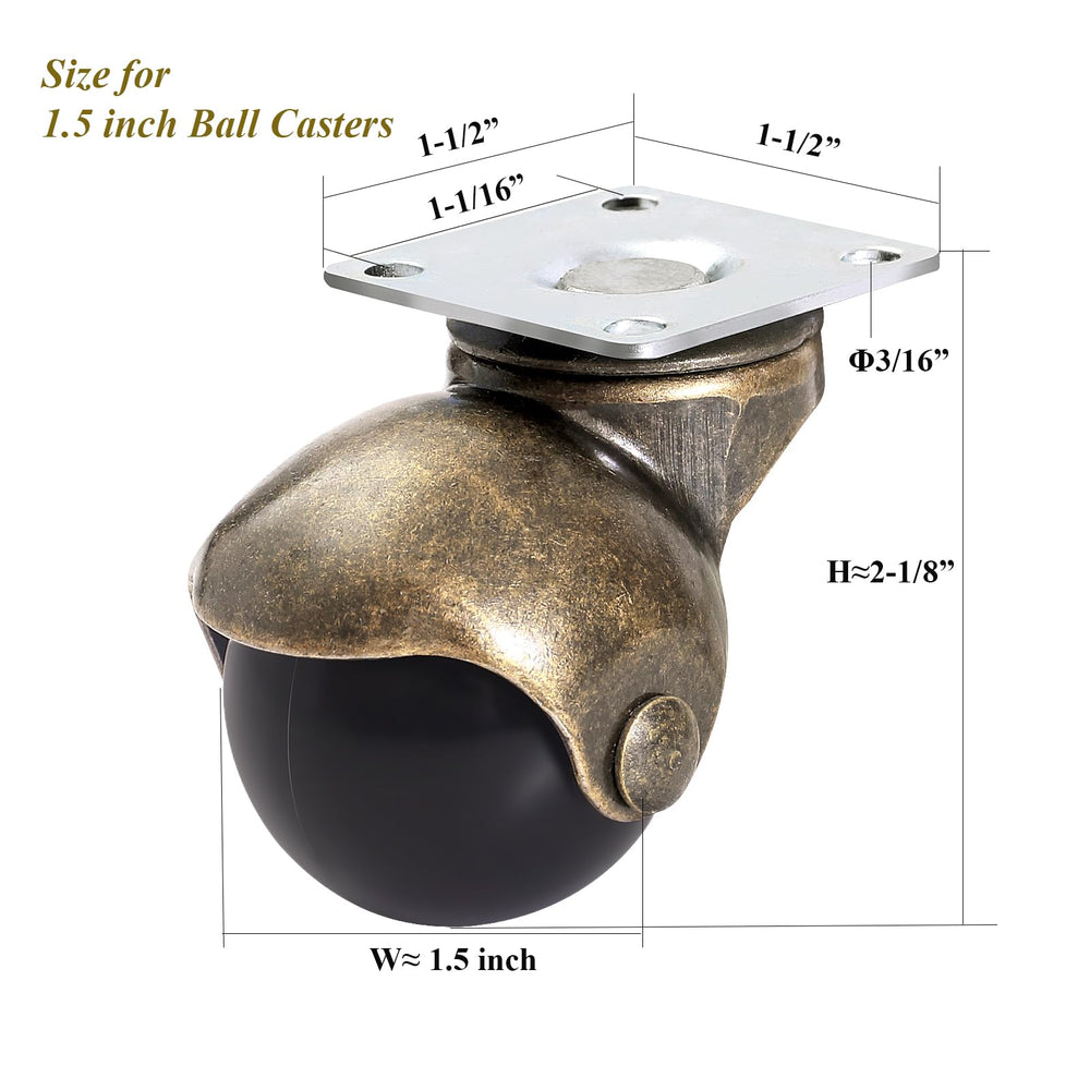 Ball Caster Wheels, 1.5-inch Small Wheels for Furniture, Swivel Furniture Casters Set of 4, Antique Brass Top Plate Casters for Furniture, Ottoman, Wheelchair, Coffee Table (Screws Included)