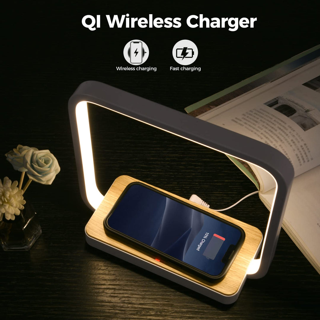 Bedside Lamp Qi Charger LED Desk Lamp with Touch Control 3 Light Hues,Table Lamp Eye-Caring Reading Light for Kids, Adults, Home, Dorm and Office,Wireless Charge for All Qi Devices