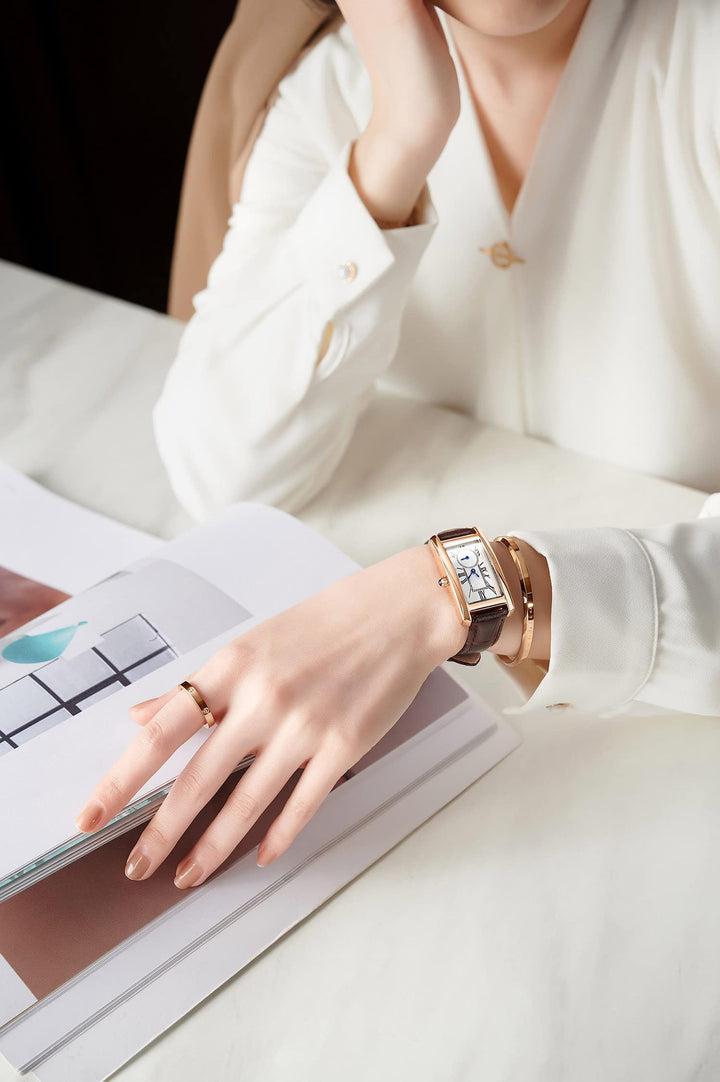 Women Quartz Watch Lady Stylish Rectangle Dress Watch with Leather Strap and Sapphire Crown (Rose Green)