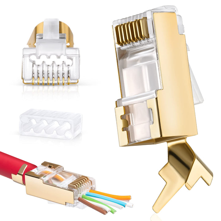 RJ45 Cat7 &amp; Cat6A Pass Through Connectors - 30 Pcs, 50UM Gold Plated Shielded FTP/STP External Ground for 23 AWG Network Cable