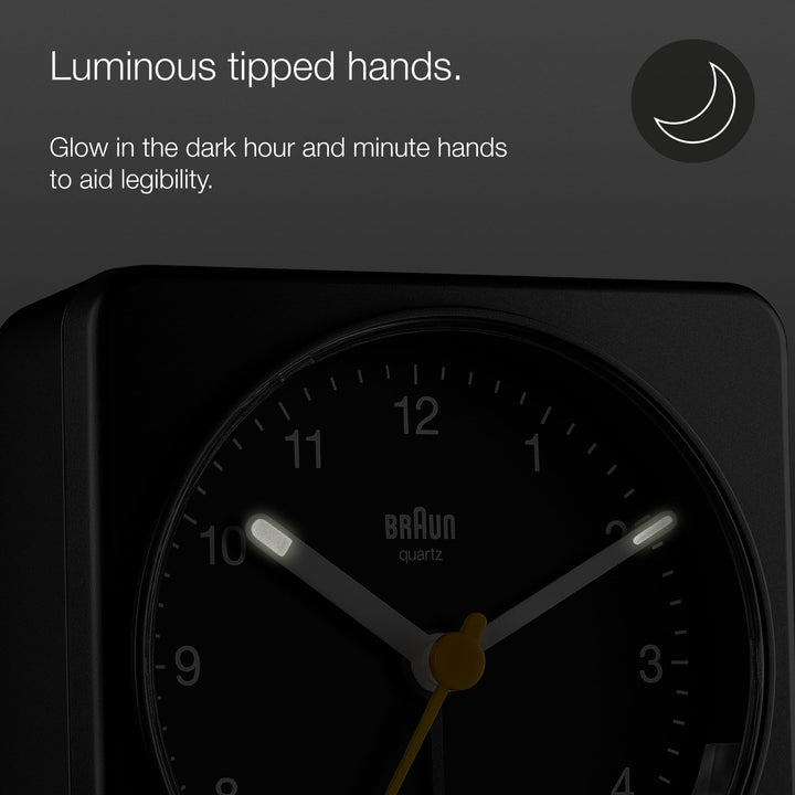 Braun Classic Analogue Alarm Clock with Snooze and Light, Quiet Quartz Sweeping Movement, Crescendo Beep Alarm in Black, Model BC03B.