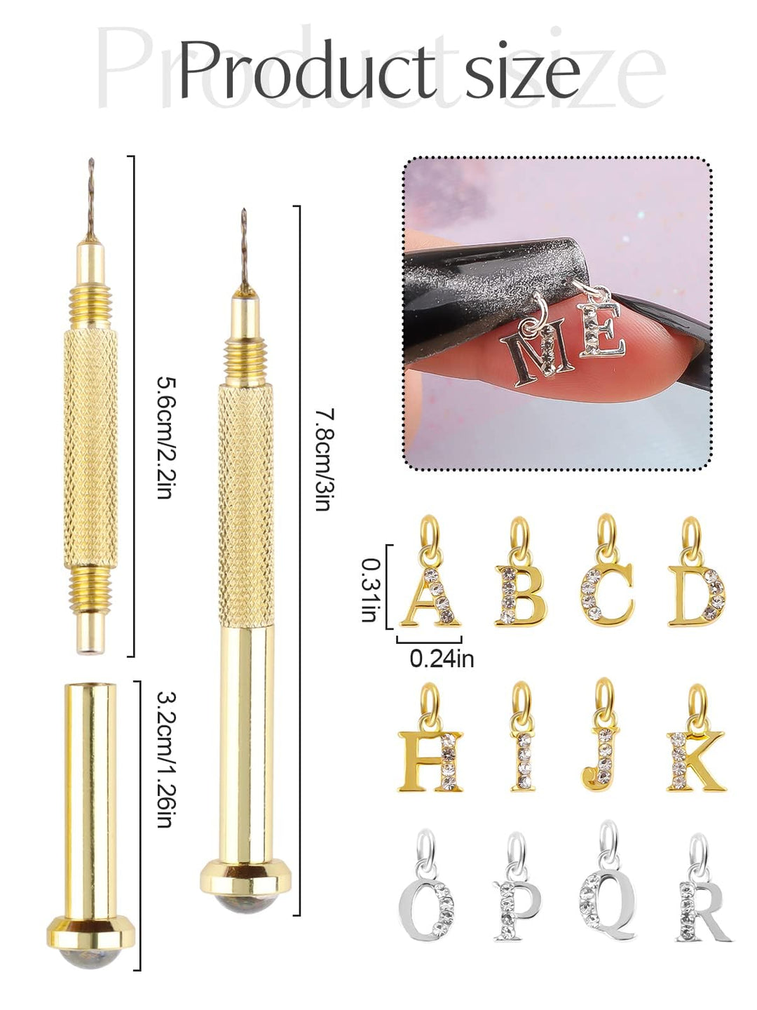 Letter Dangle Nail Charm, 3D Piercing Alphabet Rhinestone Alloy Jewelry Hoops with Nail Piercing Tool Hand Drill for Birthday Nail Art Decoration