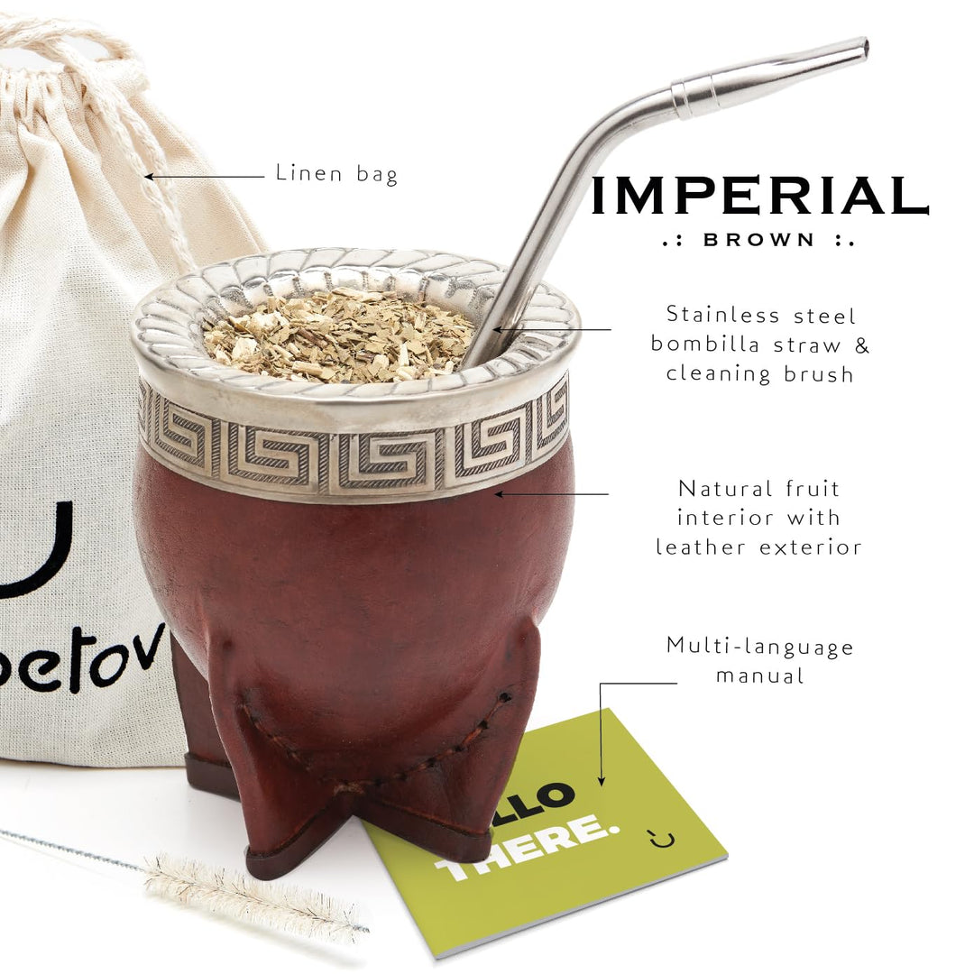 Premium Yerba Mate Gourd (Mate Cup) - Uruguayan Mate - Leather Wrapped - Includes Stainless Steel Bombilla and Cleaning Brush. (Imperial Dark Brown)