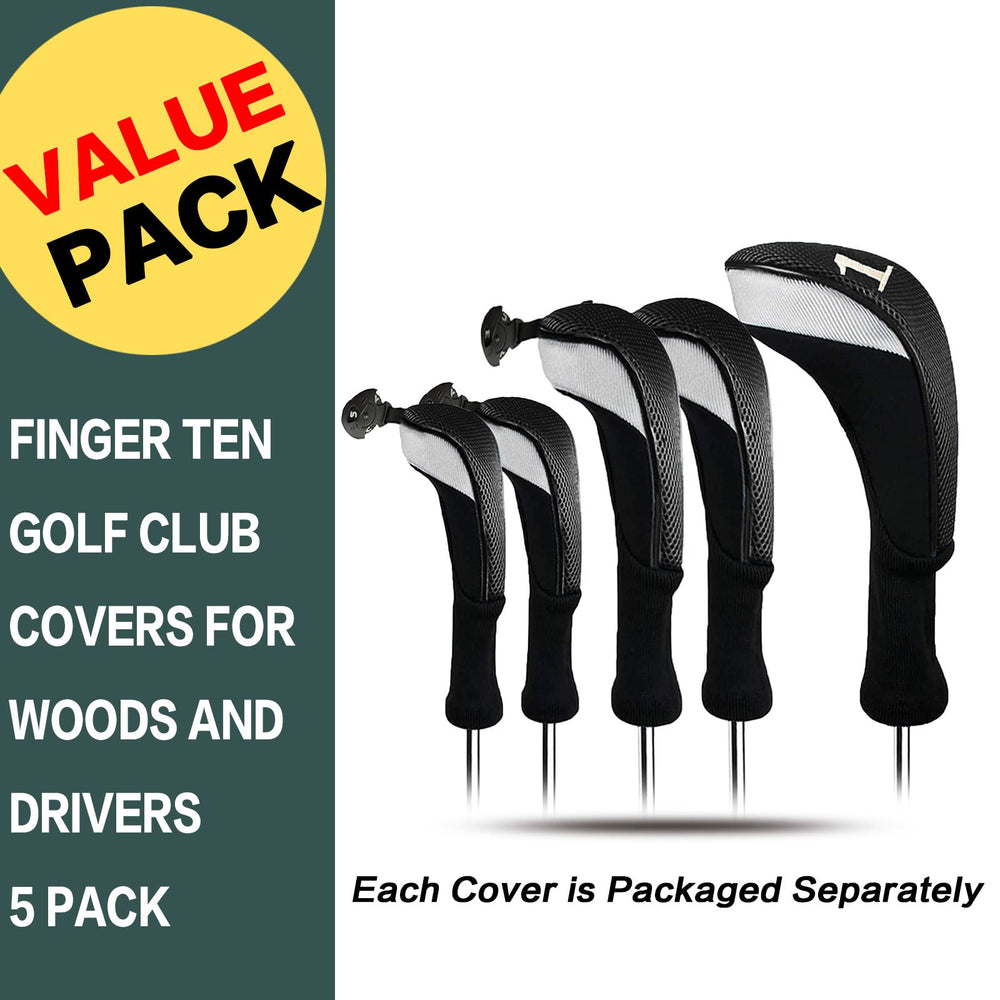 Golf Club Head Covers Woods Driver Fairway Hybrid 3/4/5 Set, Headcovers Men 1 3 5 7 X Interchangeable Number Tag, Fit All Wood Clubs (5 Pack-Black(1D+2F+2H))