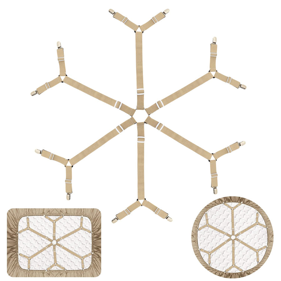 Bed Sheet Holder Straps Adjustable Elastic Band Fitted Bed Sheet Holder Fasteners Suspenders Clip Suit for Twin King & Queen Full Size Mattress (Beige 6 in 1 Belt with 12 Clips), Khaki