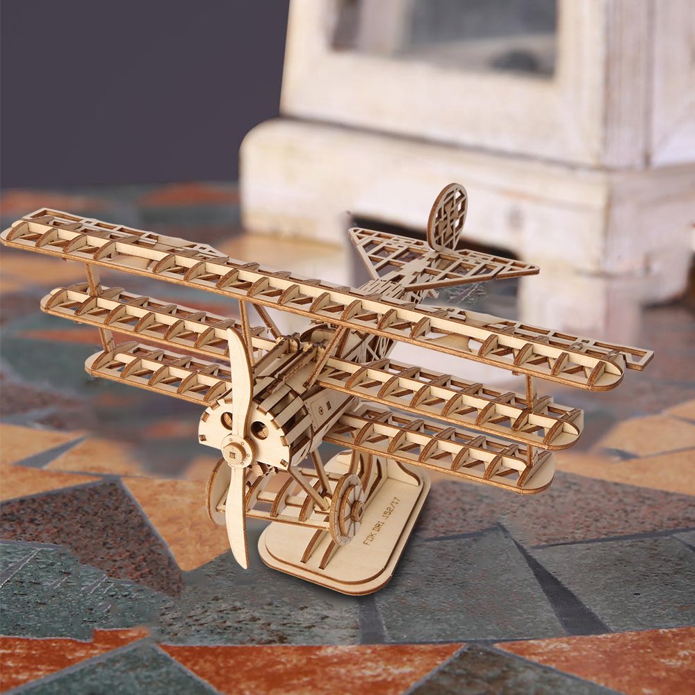 Build Your Own 3D Wooden Assembly Puzzle Wood Craft Kit Bi-Plane Model,Gifts for Kids and Adults