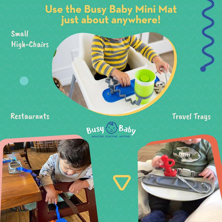 BUSY BABY MAT | Silicone Mini Suction Placemat for Babies & Toddlers with Adjustable Tethers to Attach Toys | Keep Toys Off The Floor, Dishwasher Safe, BPA Free | includes Travel Sleeve (Yellow)