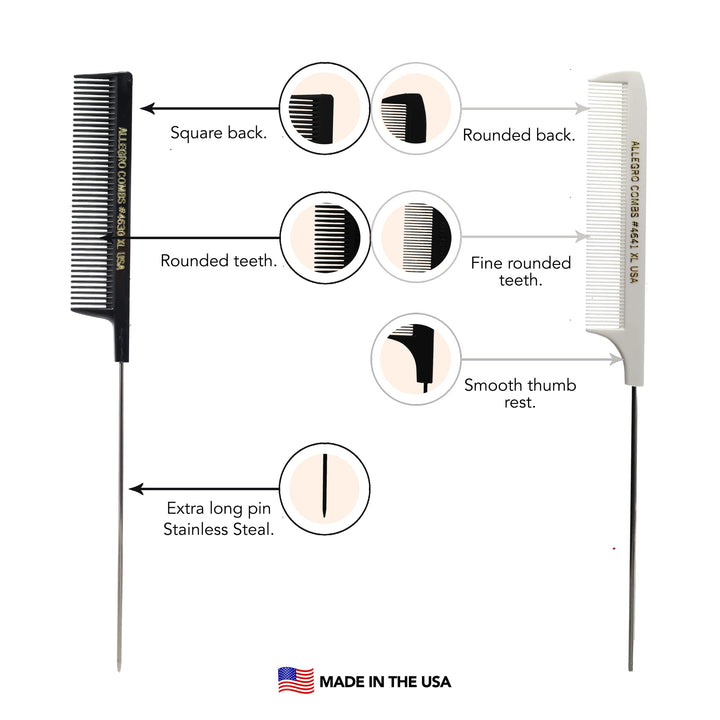 XL Pintail Rat Tail Combs Parting Combs Metal Tail Foiling Combs Pin Combs 2 Pc. (BLACK &amp; WHITE)
