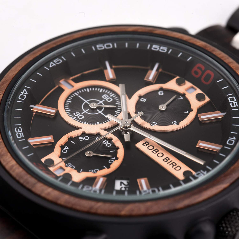 S18-1 Mens Wood Watch Stylish Wooden Stainless Steel Combined Chronograph with Luminous Pointers Fashion Timepiece for Men