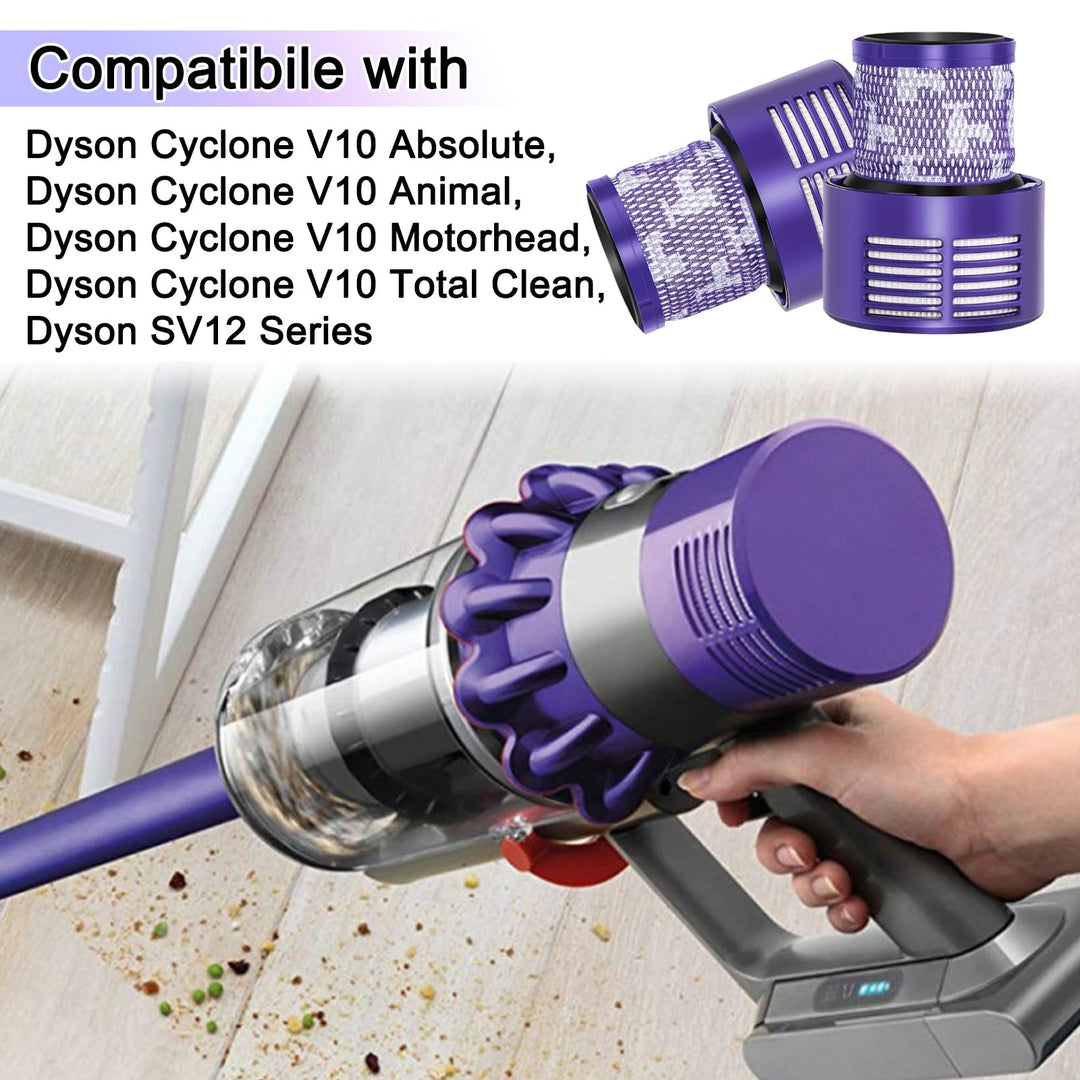 Replacement V10 Filters for Dyson V10 Cyclone Series, V10 Absolute, V10 Animal, V10 Total Clean, SV12, Replace Part No. 969082-01, 3 Pack Filters and 1 Clean Brush