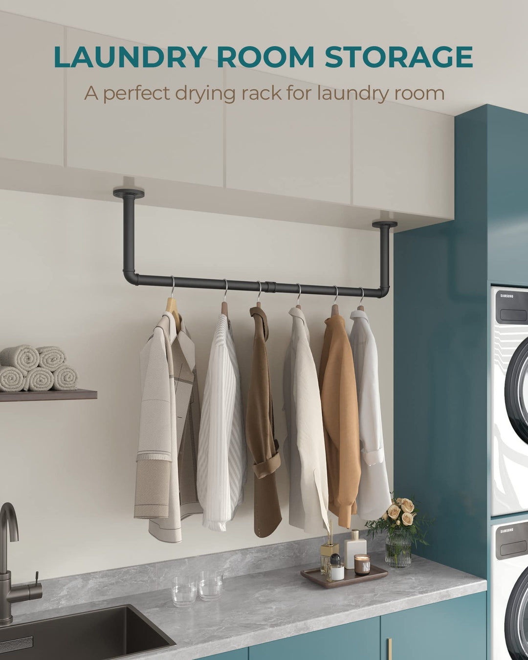 Industrial Pipe Clothing Rack 38.4, Heavy Duty Detachable Wall Mounted Clothes Rack Black Iron Garment Bar, Multi-purpose Hanging Rod for Closet Storage, Black (Two Base)