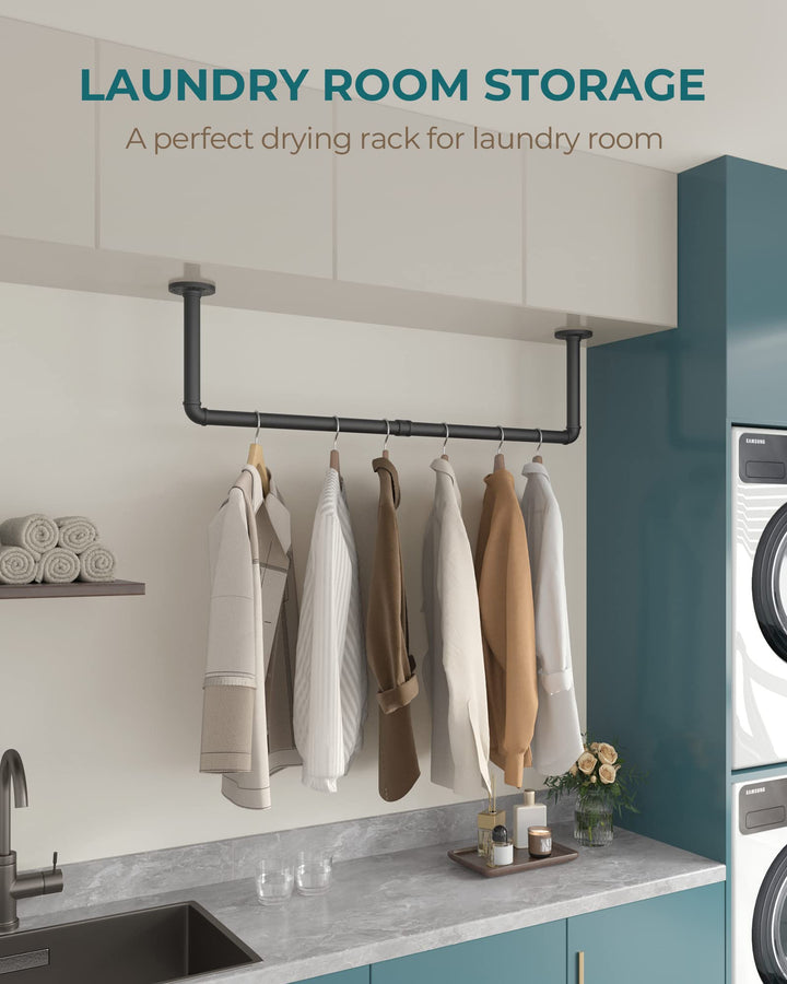 Industrial Pipe Clothing Rack 38.4, Heavy Duty Detachable Wall Mounted Clothes Rack Black Iron Garment Bar, Multi-purpose Hanging Rod for Closet Storage, Black (Two Base)