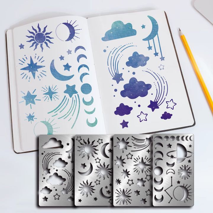 4 Pcs Universe Space Theme Metal Stencils Template, (Sun, Moon, Stars, Clouds)Stainless Steel Drawing Painting Stencils for Scrapbooking DIY Etched Dies Decoration Supplies