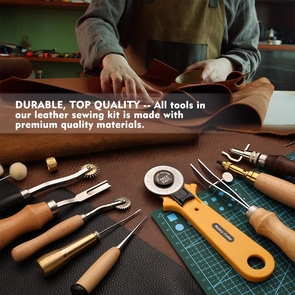 Leather Working Tools: Professional Leather Working Kit with Leather Snap Fasteners and Rivets Kit, Automatic Hole Punch, Waxed Thread Stitching Groover Leather Repair Kit for Furniture