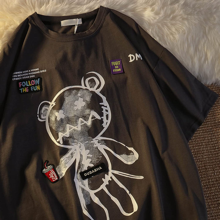 Women Goth T shirt Y2K Harajuku Graphic Tops Cotton Anime Clothes (Grey, L)