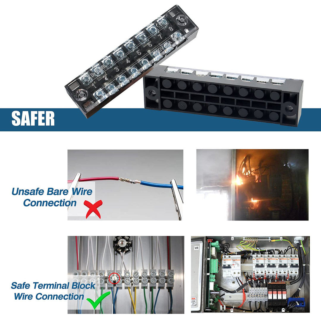 Terminal Strip Blocks, 5 Sets 8 Positions 600V 15A Waterproof Terminal Junction Block with Cover Dual Row Screw Terminal Strip + 400V 15A Pre-Insulated Terminal Barrier Strip Jumper