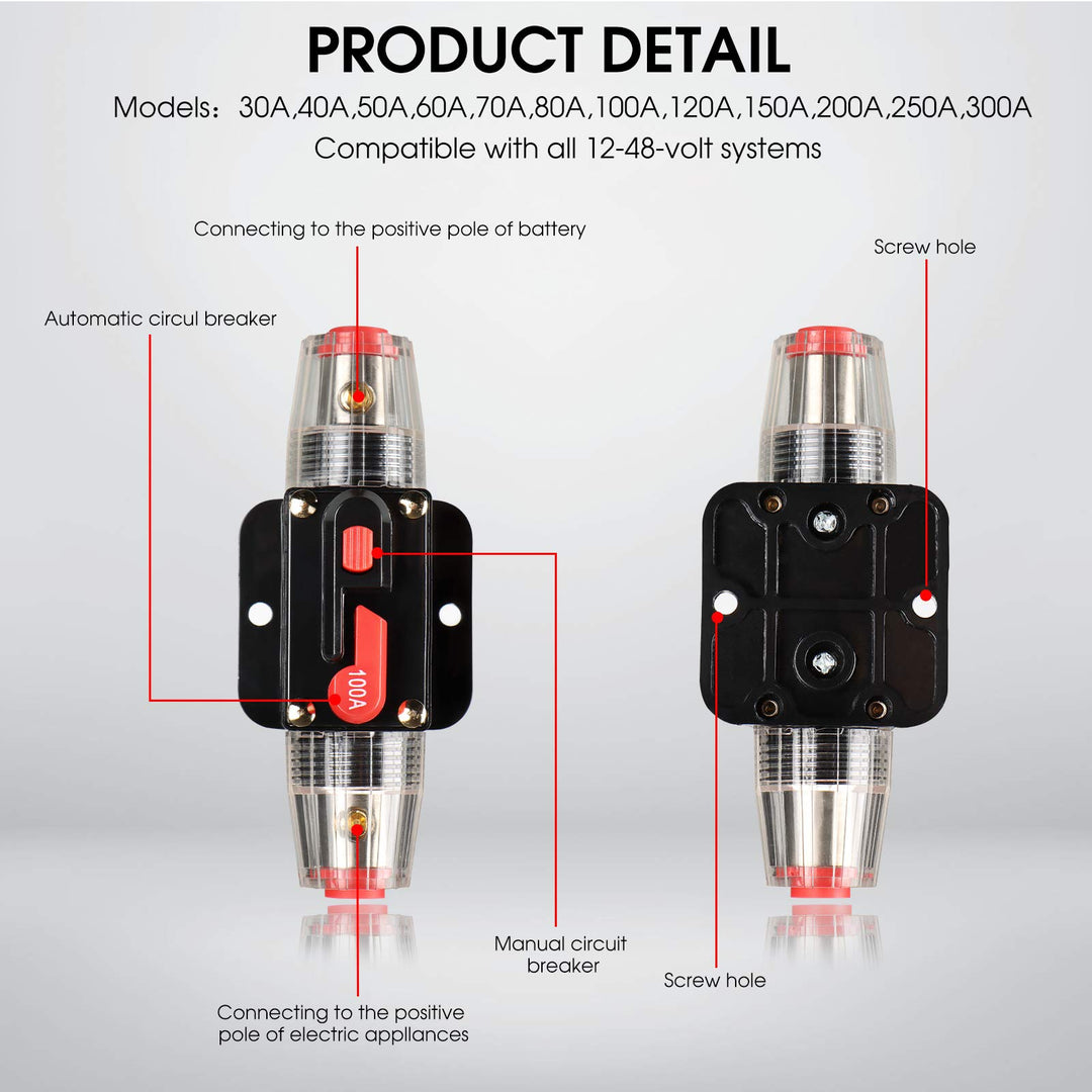 Circuit Breaker Switch 100A Waterproof Fuse Inline Holder 3-15 AWG Resettable Fuse Manual Reset 12V-48V DC for Car Audio Sound Amplifier System RV Home Marine Boat Truck