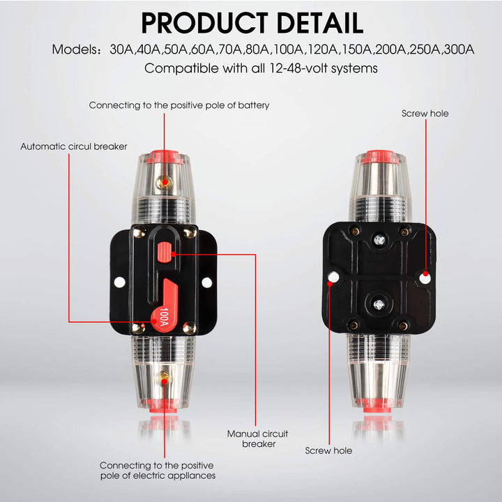 Circuit Breaker Switch 100A Waterproof Fuse Inline Holder 3-15 AWG Resettable Fuse Manual Reset 12V-48V DC for Car Audio Sound Amplifier System RV Home Marine Boat Truck