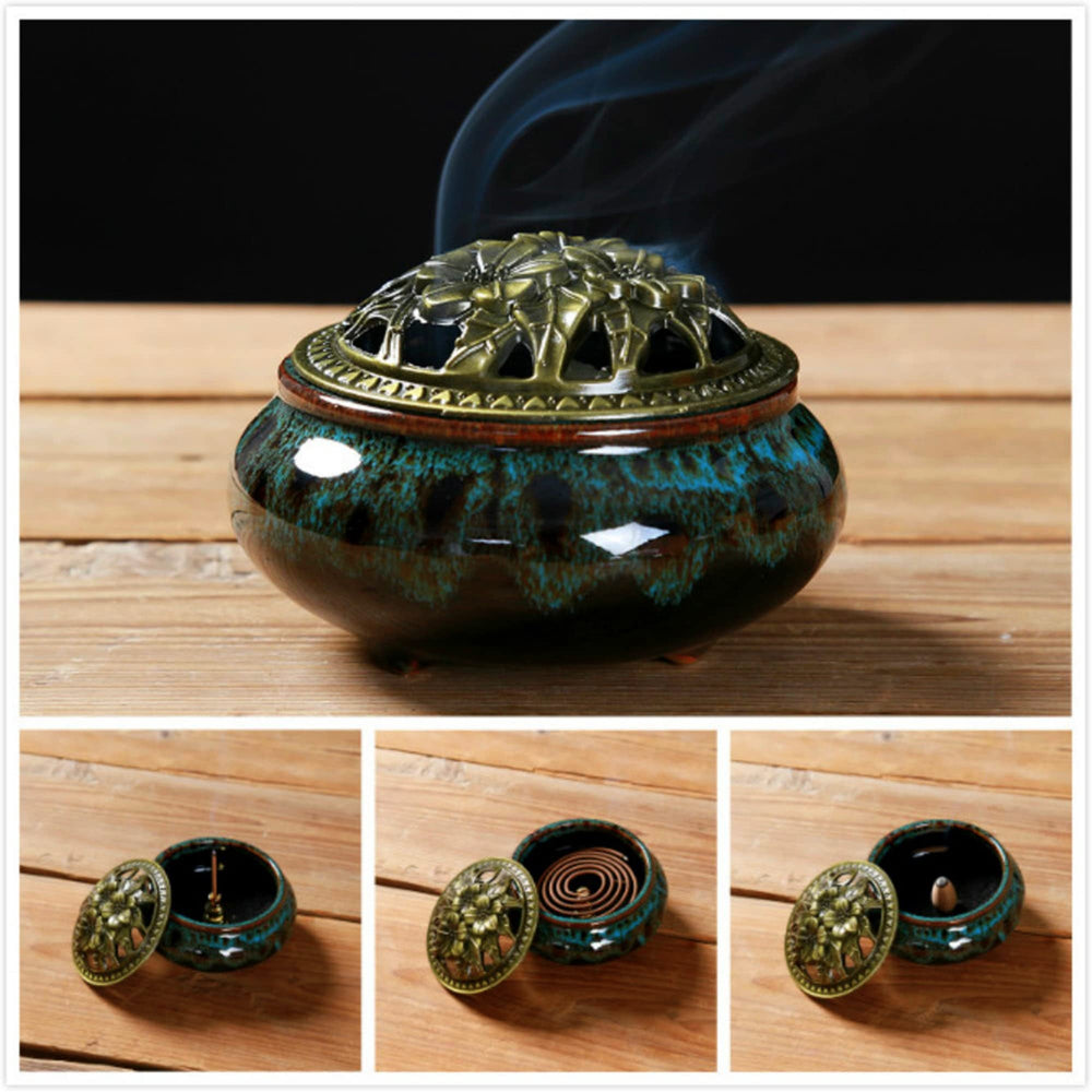LAMDAWN Ceramic Incense Burner with Incense Stick Holder + Insulation use for Stick or Coil Incense, Sage Cones and Frankincense (Fambe Blue)