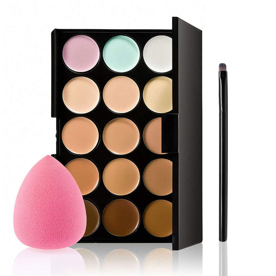 15 Colors Makeup Cream Facial Camouflage Concealer Make Up Palette with Sponge Puff Oval Makeup Brush
