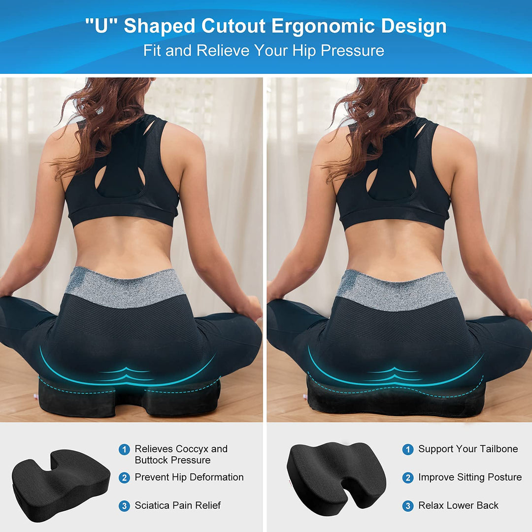 Seat Cushion Pillow for Office Chair, Desk Chair Car Seat Cushion for Tailbone Pain, Memory Foam Coccyx Seat Cushion for Sciatica, Back Pain Relief (Black)