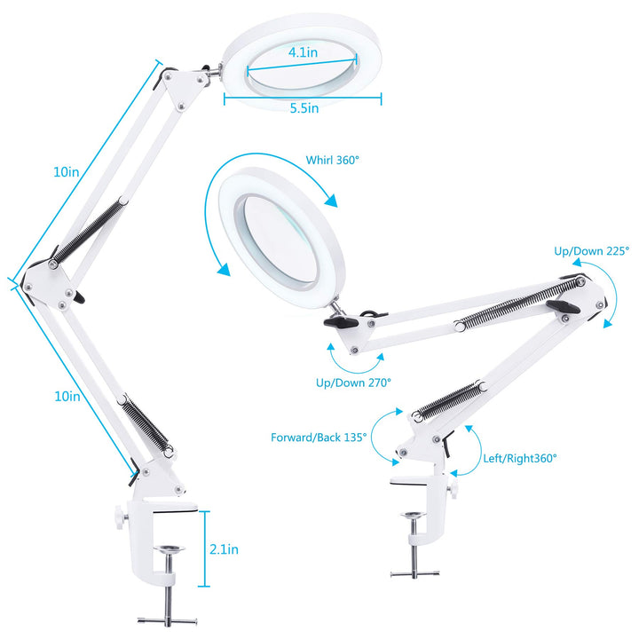 LED Magnifying Lamp with Clamp, 8-Diopter, 10X Real Glass Lens, 3 Color Modes and Stepless Dimmable Magnifier Desk Lamp,Adjustable Swivel Arm Lighted Magnifying Glass for Repair Craft Close Work-White