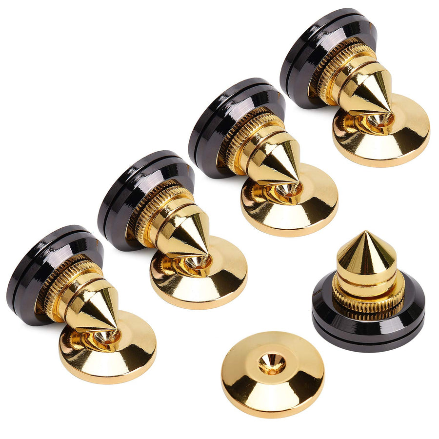 4PCS Golden Speaker Isolation Spikes with Plated Speaker Spikes Pads Mat, Speaker Spikes & Speaker Spike Pad Kit with Double-Sided Adhesive for Subwoofer CD DVD Player Audio Amplifier Recorder