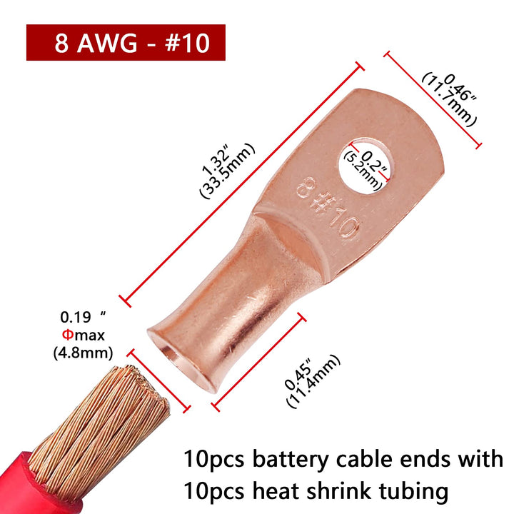 10pcs 8 AWG-#10 Ring Battery Lugs,with 10pcs 3:1 Heat Shrink Tubing,Battery Cable Ends,Heavy Duty Copper Wire Lugs,Tubular Ring Terminals,AWG Crimp Wire Ring Lugs,Battery Terminal Connectors