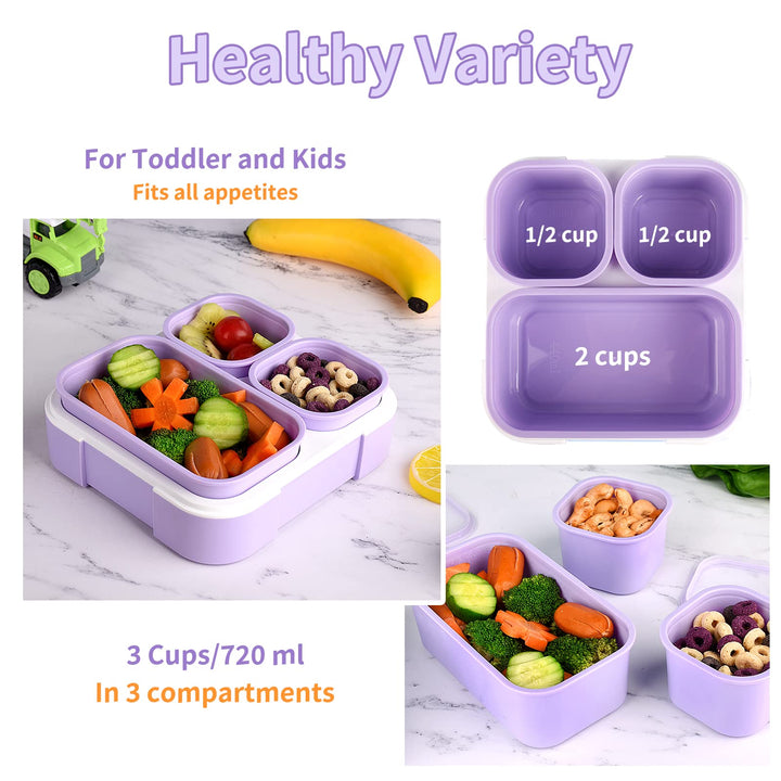 Bento Box for Kids, Kids Lunch Box with 3 Removable Compartments, Toddler Lunch Box for Daycare, School, Ideal Portion Size for Ages 3 to 7 BPA-Free Dishwasher Safe-Green - Purple