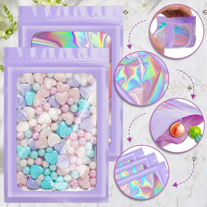 100 Pieces Smell Proof Mylar Bags, Holographic Packaging Bags, Resealable Odor Foil Pouch Zipper Bags with Clear Window for Food Storage and Lipgloss, Jewelry Lash (Purple, 3 x 4.7 Inch)