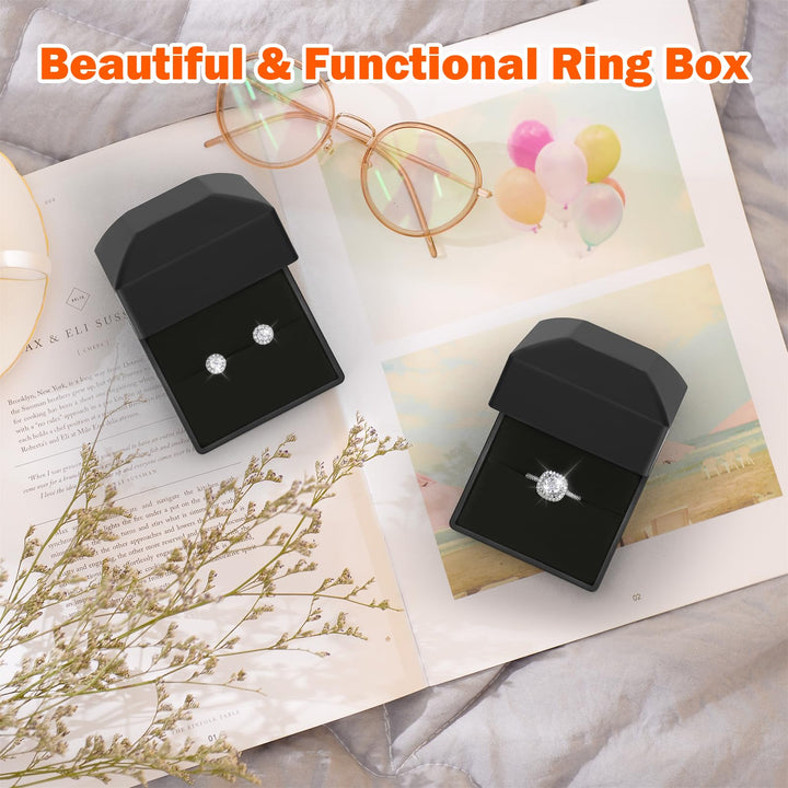 2 Pieces Ring Earring Gift Box with LED light, Elegant Velvet Ring Case Jewelry Display for Proposal, Engagement, Wedding, Gift (Black)