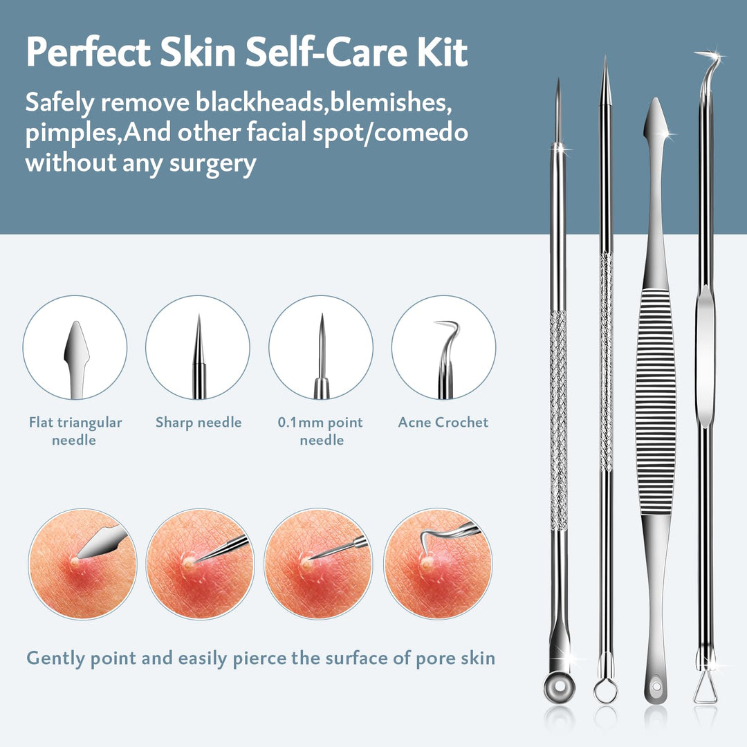 Pimple Popper Tool kit 15 Pcs, Comedone Extractor Blackhead Remover Tool Kit for Whitehead Popping, Stainless Steel Pimple Extractor with Metal Case and 10X Beauty Magnifier