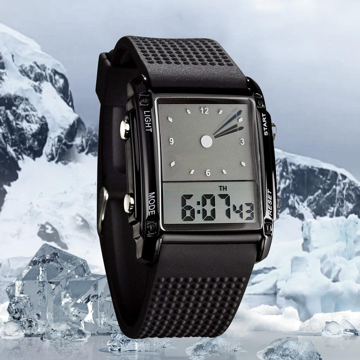 Men&#39;s Rectangle Dial Sports Wrist Watches with 7 Colors Optional LED Backlight Multifunctional Alarm Stopwatch 12/24H Rubber Strap Watch