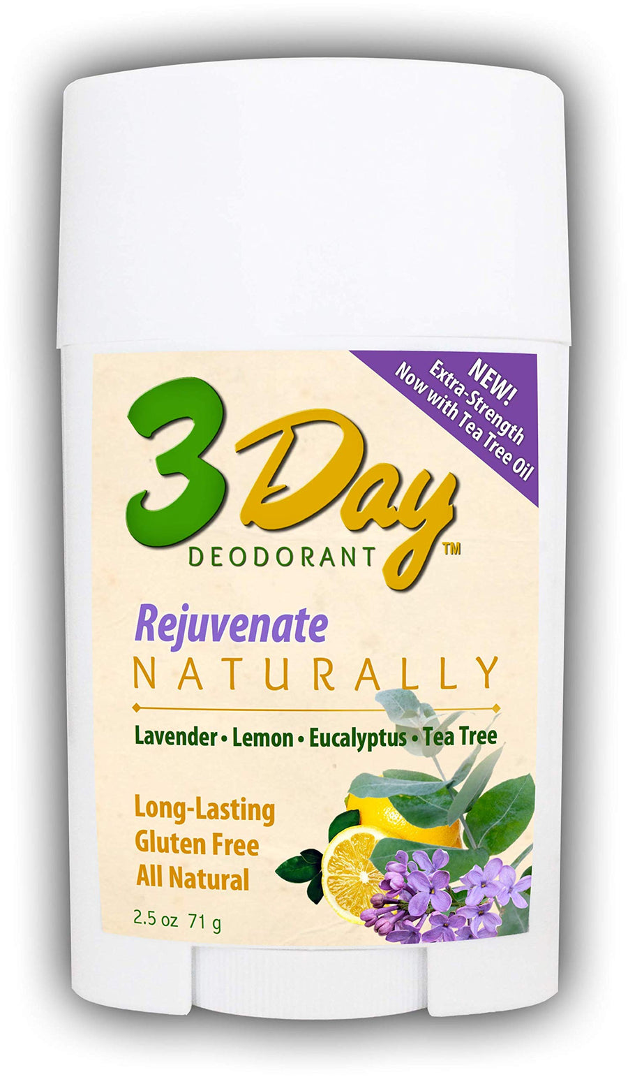 3-Day Natural Deodorant - New Softer Formula - All Natural, Farm Tested (2.5 oz Stick) Gluten Free, Aluminum Free (Rejuvenate)