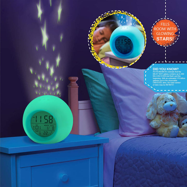 Kids Alarm Clock,Moon Stars 7 Color Changing Night Light Projector Alarm Clock,Temperature Detect for Toddler Digital Kids Alarm Clock,Students to Wake up at Bedroom Bedside for Alarm Clock Boys Girls