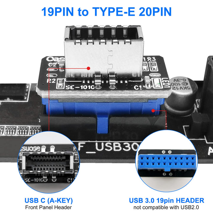 Mainboard USB 3.0 19PIN(3.1 Gen 2) to Type-C 3.1 Front Panel Adapter,Type-E Header to USB 3.0 19-Pin Expansion Card for USB Type C Motherboard Cable