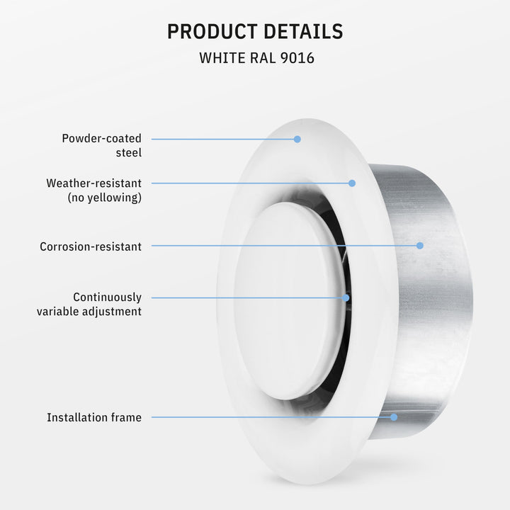 ® TVSA 4 Inch AC Vent Cover Round Adjustable Steel Air Vent Deflector Inline Bathroom Air Duct Vent Cover Grille Exhaust White RAL 9016 HVAC