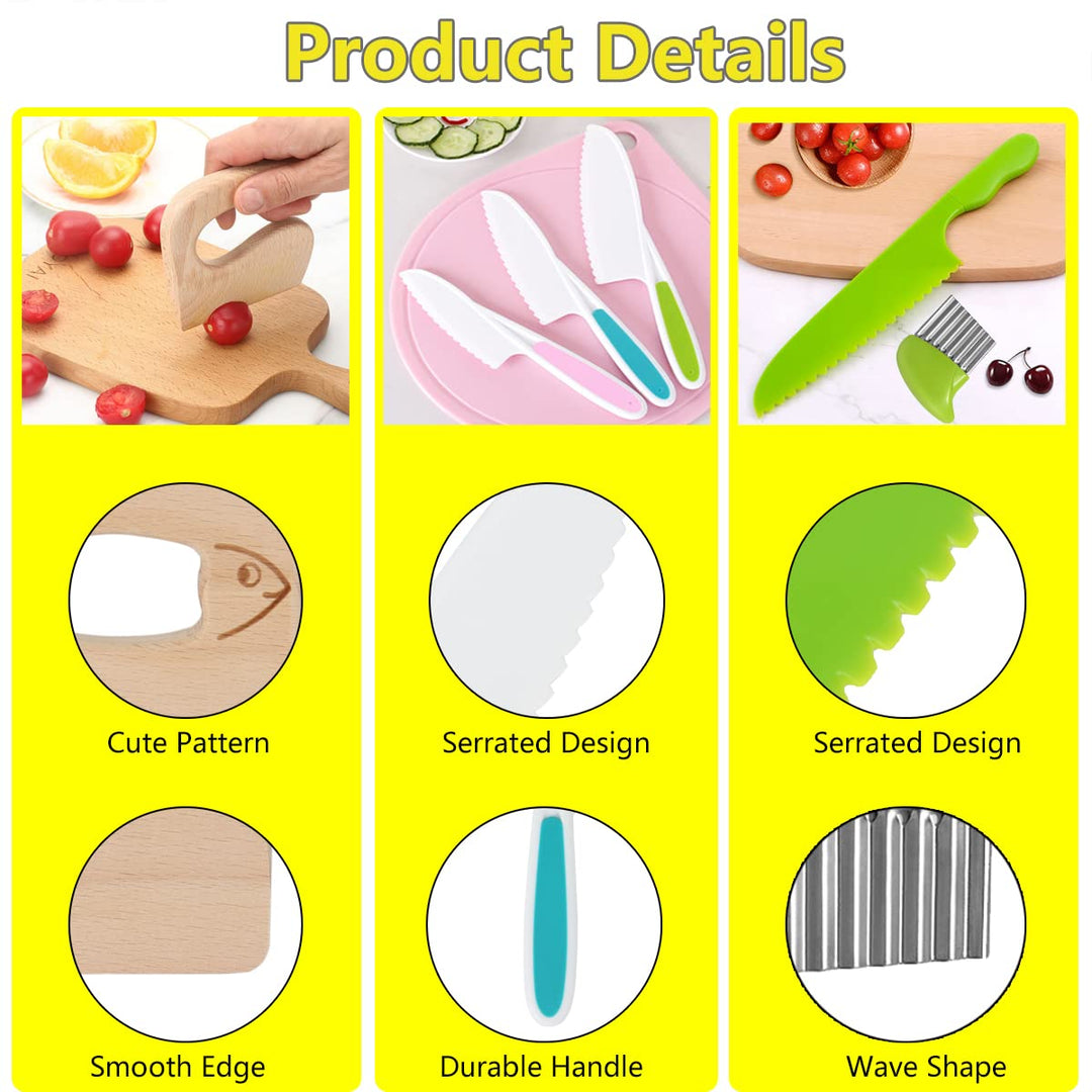 6 Pieces Wooden Kids Knife for Cooking, Kid Safe Knives Cutting Veggies Fruits Include Wood Kids Knife Plastic Potato Slicers Serrated Edges Knives Sets for Toddler Kitchen Children
