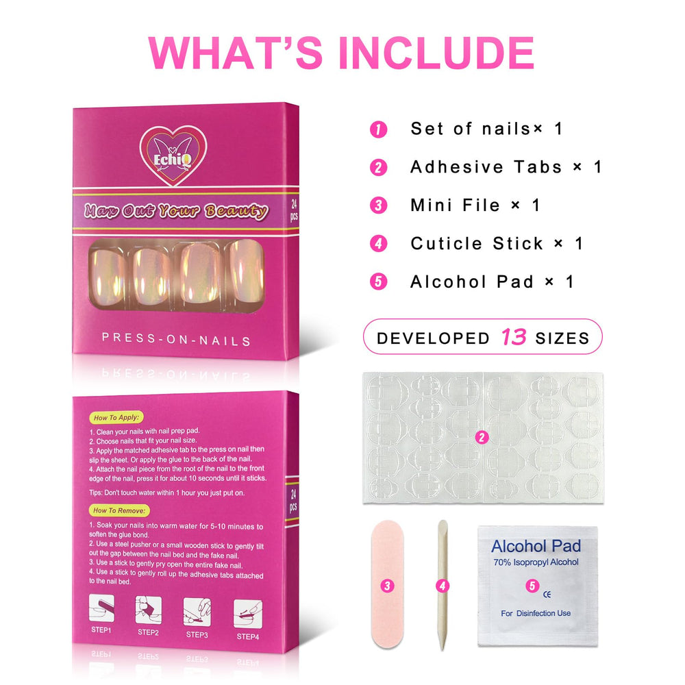 24pcs Unicorn Chrome Press On Fake Nails with Designs Iridescent Pink Short Full False Nails Acrylic with Glue Sticker