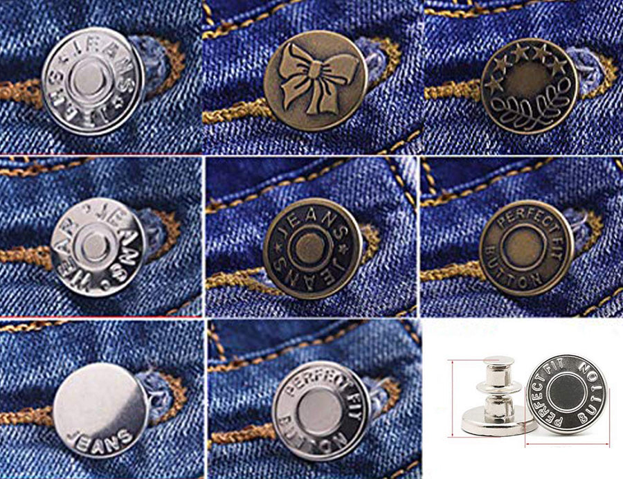 8PCS Perfect Fit Instant Button Pin, Instant jeans Buttons tightener, Jean Replacement Buttons Removable Button for loose jeans No Sew Buttons to Extend or Reduce an Inch to Any Pants Waist in Seconds