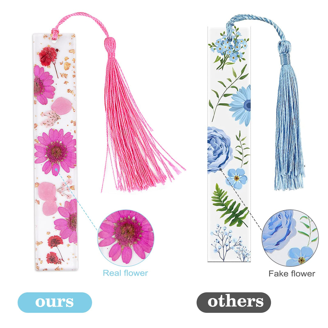 4pcs Dried Flower Bookmarks Handmade Transparent Bookmarks for Dried Flowers with Tassels (Style C)