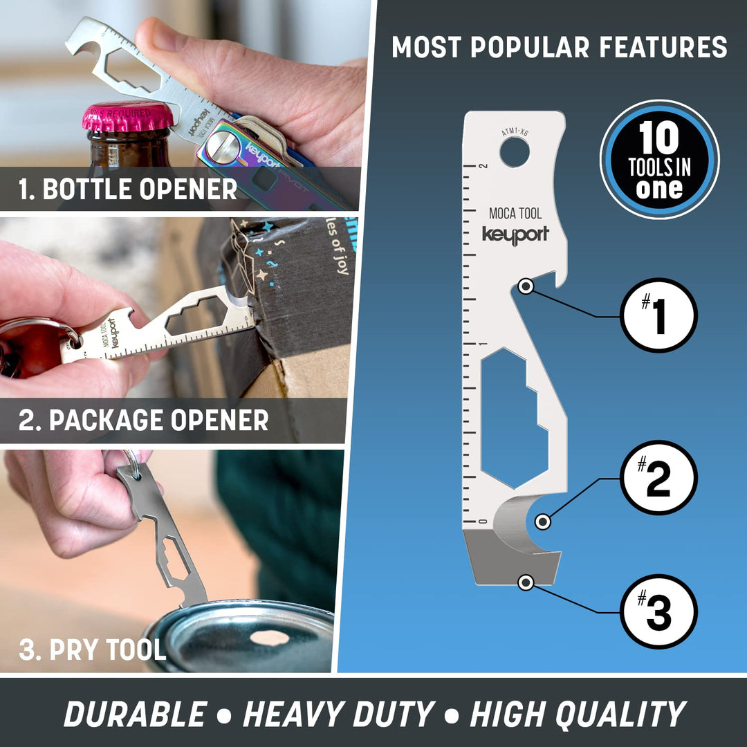 MOCA 10-in-1 Keychain Multitool (Stainless) | EDC Multi Tool: Pry Bar, Bottle Opener, Screwdriver, Box Opener, Cord Cutter &amp; More | TSA Key Tool | EDC Gear | For Key Organizer &amp; Key Chain