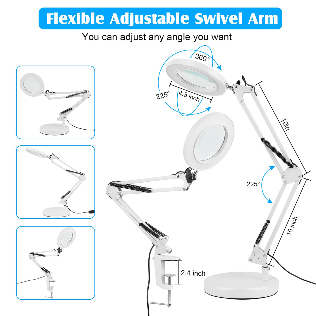5X Magnifying Glass Lamp, 2-in-1 Magnifier Desk lamp with Clamp and Stand, 8-Diopter Real Glass Lens 3 Color Modes Stepless Dimmable Swivel Arm Magnifying Lamp for Reading Craft Close Work(White)