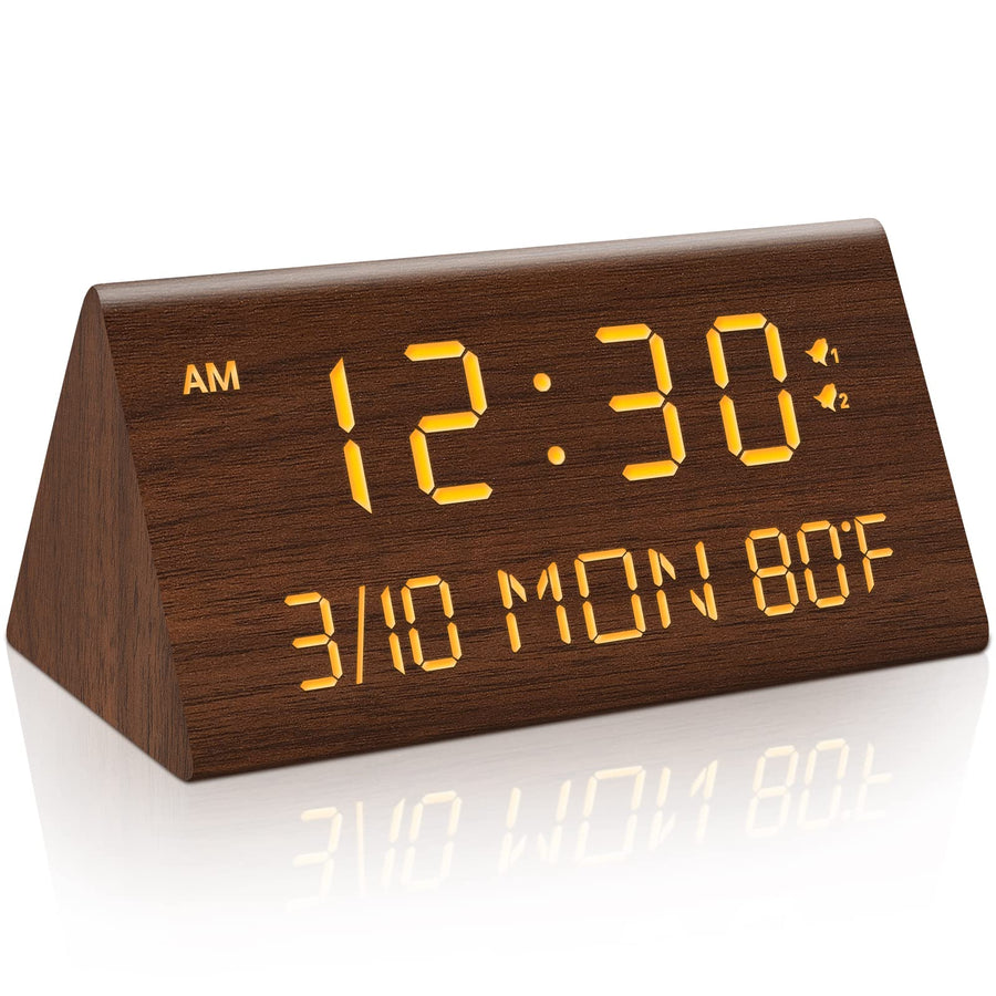 Wooden Digital Alarm Clock, 0-100% Dimmer, 2 Alarm Settings, Weekday/Everyday Mode, 9 Mins Snooze, 12/24H, Temperature and Date Display for Office, Travel, Bedroom Alarm Clock (Brown)