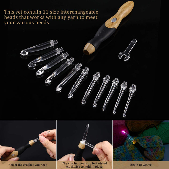 11 Sizes Lighted Crochet Hooks Set Rechargeable Light Up Crochet Hooks with Case, Interchangeable Heads 2.5 mm to 8 mm for DIY Craft Supplies (Wood Color-Black)