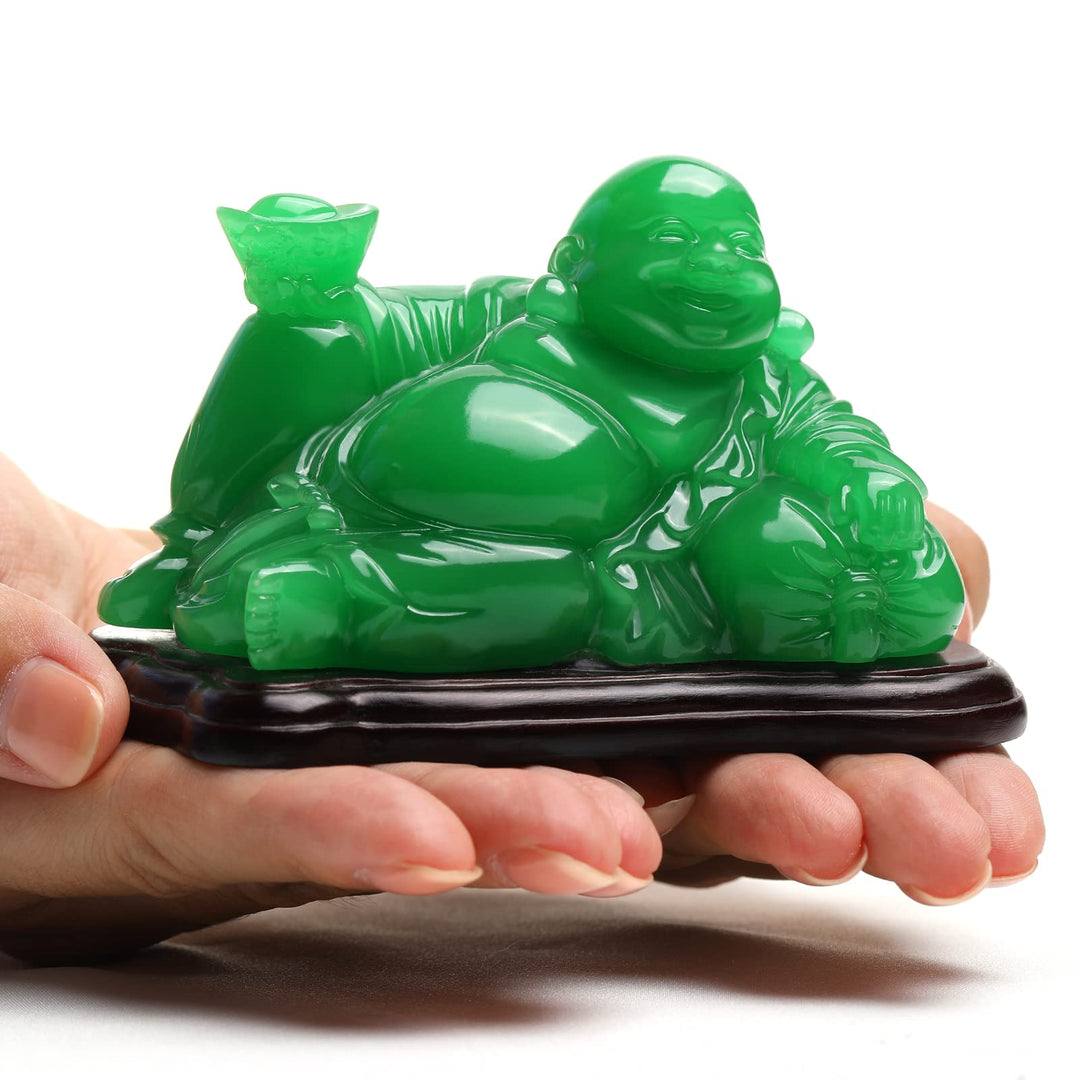 Happy Buddha Statue Green- Sitting Laughing Buddha Feng Shui Figurines Wealth and Good Luck for Home &amp; Office Décor - Inspirational Religious Happy Samll Gifts, 5.3*3.9*3.5inch