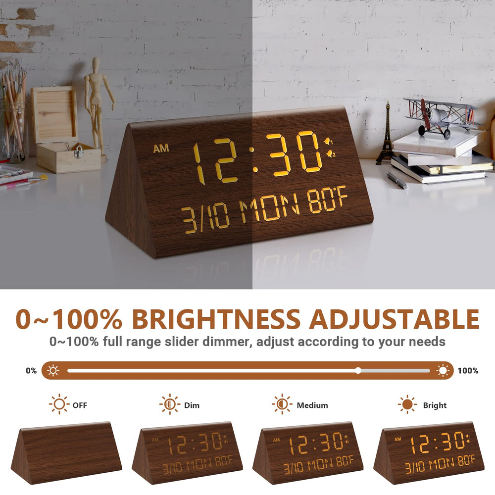 Wooden Digital Alarm Clock, 0-100% Dimmer, 2 Alarm Settings, Weekday/Everyday Mode, 9 Mins Snooze, 12/24H, Temperature and Date Display for Office, Travel, Bedroom Alarm Clock (Brown)