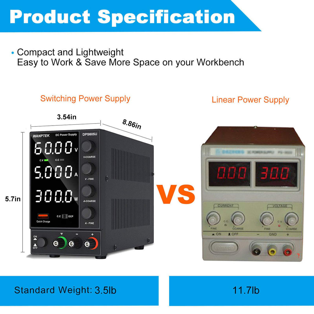 DC Power Supply Variable, Adjustable Switching Regulated Power Supply (0-60 V 0-5 A) with 4-Digits LED Display, Beach Power Supply with USB Quick-Charge Interface, Short Circuit Alarm