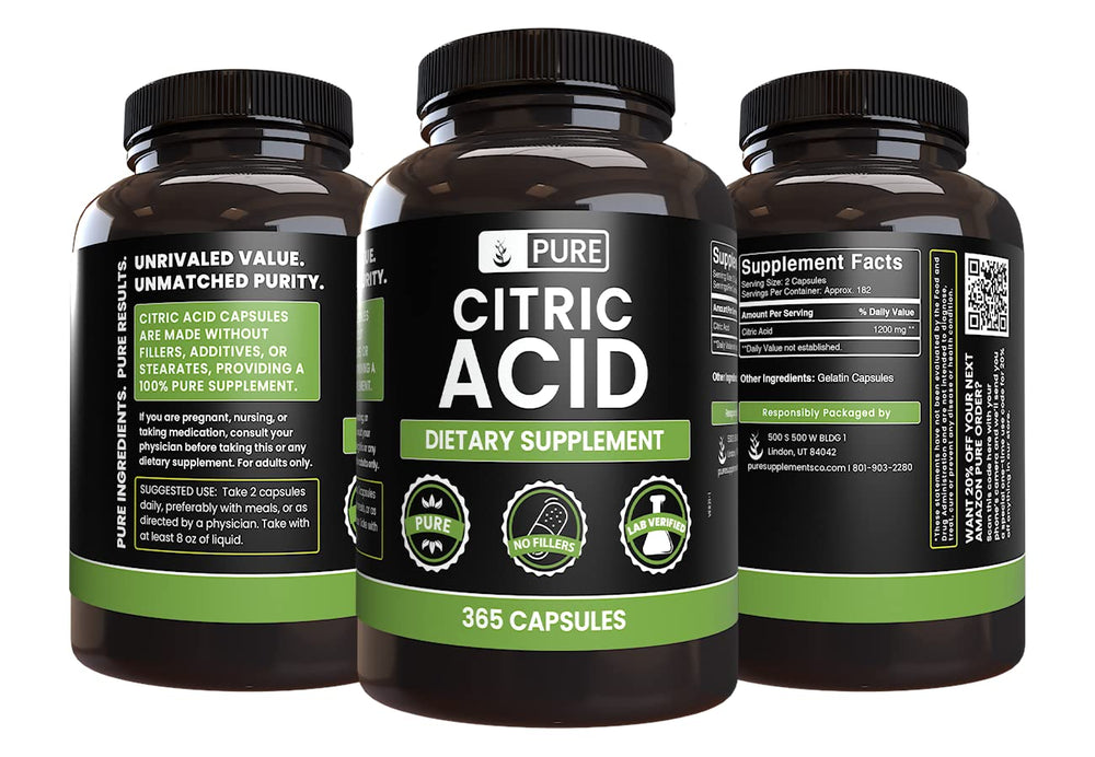 Pure Original Ingredients Citric Acid (365 Capsules) No Magnesium Or Rice Fillers, Always Pure, Lab Verified