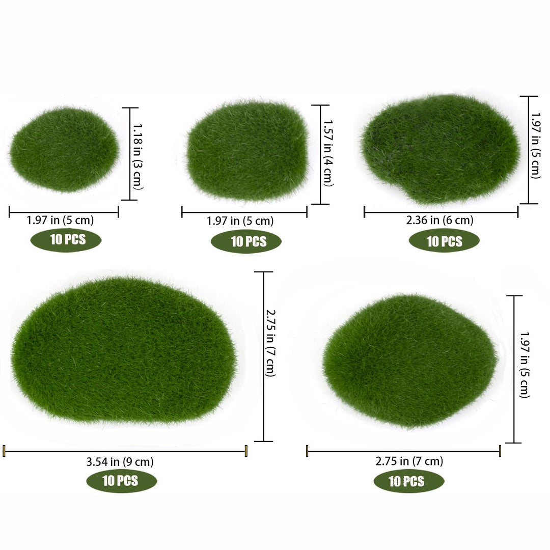 50 Pcs 5 Size Artificial Moss Rocks Decorative Faux Green Moss Covered Stones Fake Moss Balls for Garden Decor DIY Floral Arrangements Plant Poted Decoration
